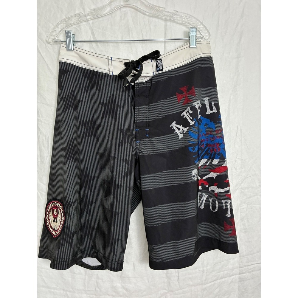 Affliction Board Shorts Mens 32 Black American Customs Eagle Stars Stripes Y2K